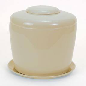 Beige Porcelain Ceramic Bonsai Cremation Urn<br>with Matching Humidity / Drip Tray<br>Round, 9” high and 9” in diameter
