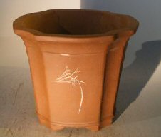 Unglazed Round Cascade Bonsai Pot with Floral Etching<br>8.5