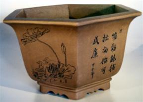 Unglazed Hexagon Bonsai Pot with Floral Etching<br><i> 11.5