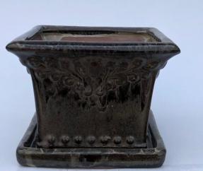 Ceramic Marbled Brown Bonsai Pot - Square<br>With Humidity / Drip Tray<br>8.0