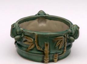 Light Green Ceramic Bonsai Pot - Round<br>Attached Frogs & Bamboo Shoot Design<br>5.5