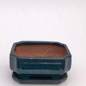 Blue / Green Ceramic Bonsai Pot - Rectangle<br>Professional Series with Attached Humidity/Drip tray<br><i>8.25