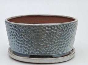 Crackle Pearl Ceramic Bonsai Pot - Oval<br>With Humidity / Drip Tray<br>10.5