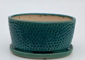 Crackle Blue Ceramic Bonsai Pot - Oval<br>With Humidity / Drip Tray<br>10.5