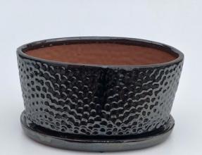 Crackle Black Ceramic Bonsai Pot - Oval<br>With Humidity / Drip Tray<br>10.5