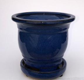 Blue Ceramic Bonsai Pot - Round<br>Attached Humidity/Drip tray<br>5.75