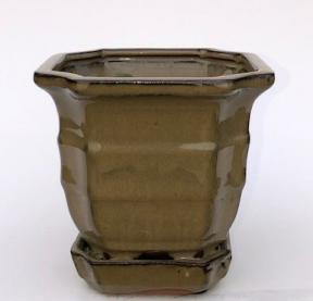 Olive Green Ceramic Bonsai Pot - Square <br>With Attached Humidity / Drip Tray<br>5.5