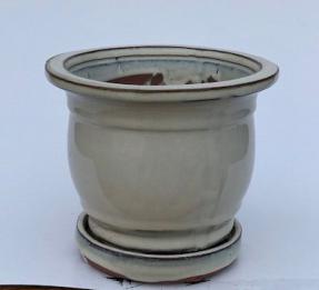 Beige Ceramic Bonsai Pot - Round<br>With Attached Humidity Drip Tray<br>5.75