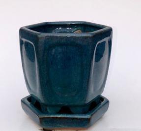 Blue / Green Ceramic Bonsai Pot - Hexagon<br>With Attached Humidity Drip Tray<br>5.5