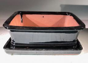 Black Ceramic Bonsai Pot - Rectangle<br>With Humidity Drip Tray<br>8